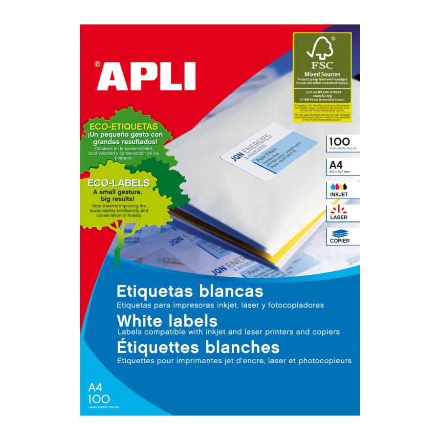ETIQUETAS ADHESIVAS A4 CAJA 100 HOJAS - APLI